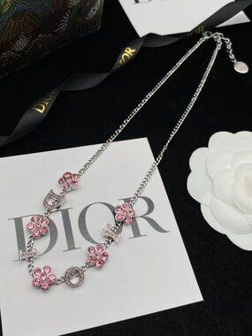 Dior Silver-Tone "DIOR" Logo & Pink Crystal Flower Necklace